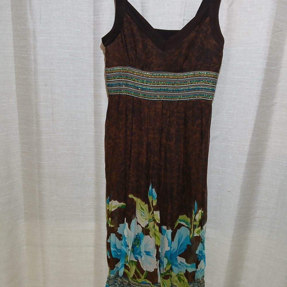 Robbie Bee Brown Maxi Dress with Blue & Green Floral Hem